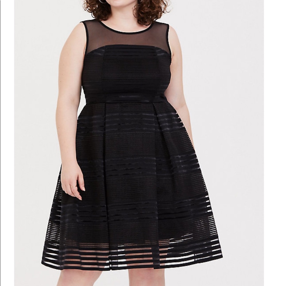 BLACK ILLUSION NECK SHADOW STRIPE SKATER DRESS